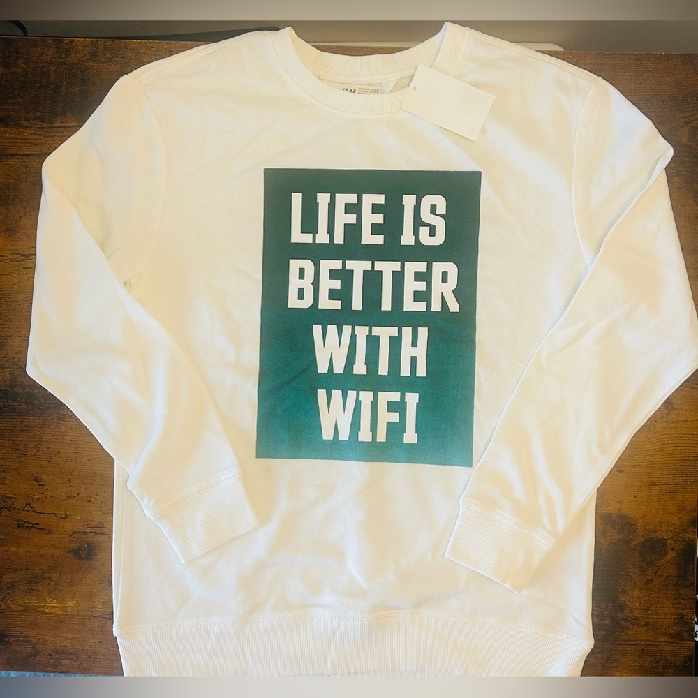 H&M Boys -White Crewneck Sweatshirt with Teal Graphic “Life is Better With WIFI”